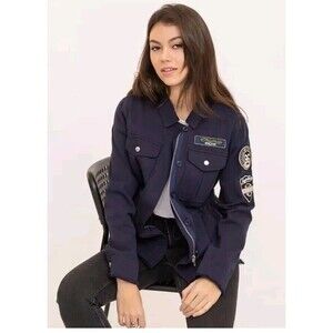 Zara Trafaluc Women LG Navy Blue Chore Coat Jacket Patches Badges Retro Nautical